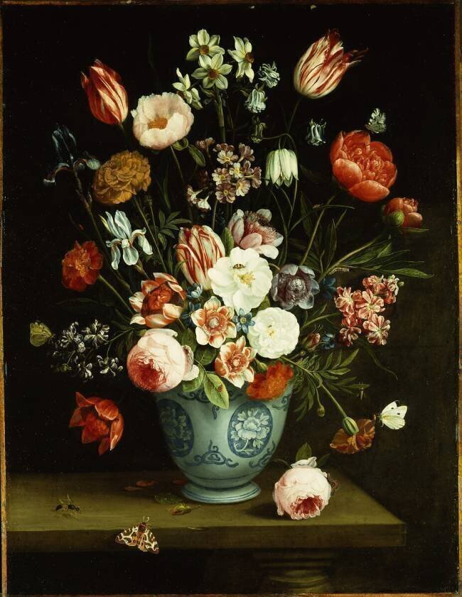 Fleurs dans un vase en porcelaine bleu et blanc Jan van Kessel