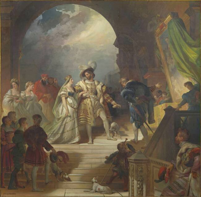 François Ier accompagné de la reine de Navarre, sa soeur, et entouré de sa cour, reçoit les tableaux Alexandre-Evariste Fragonard