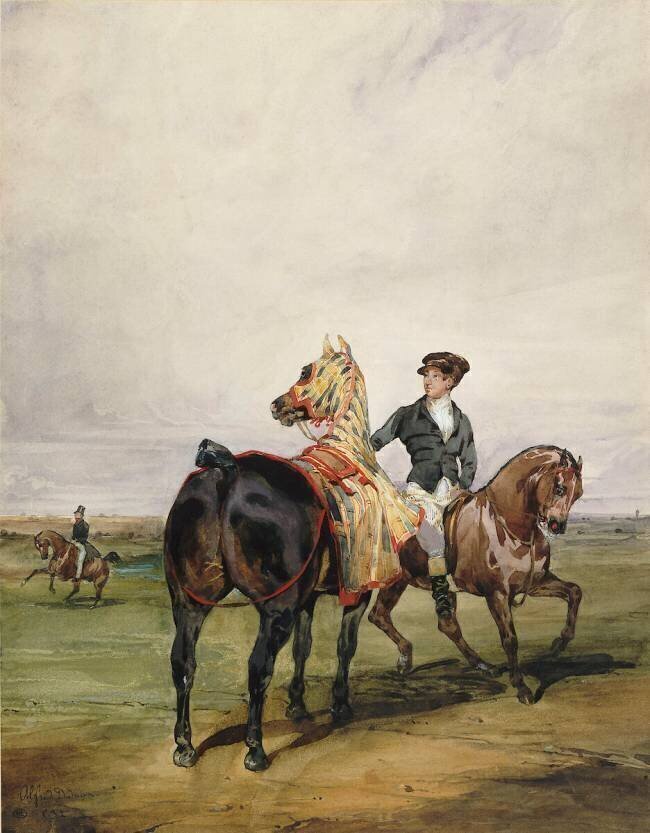 Garçon à cheval emmenant un cheval caparaçonné de bleu, jaune, rouge Alfred Dedreux