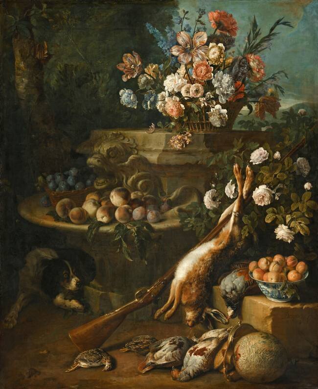 Gibier, fleurs, fruits et un chien Alexandre-François Desportes