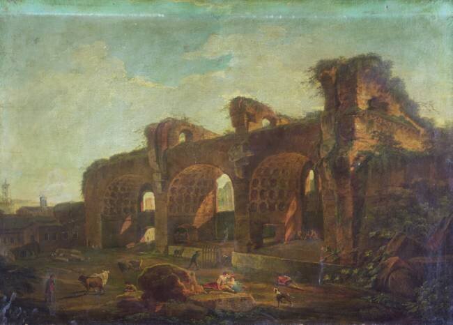 La basilique de Maxence sur le Forum romain, avec des paysans et du bétail au premier plan Hubert Robert