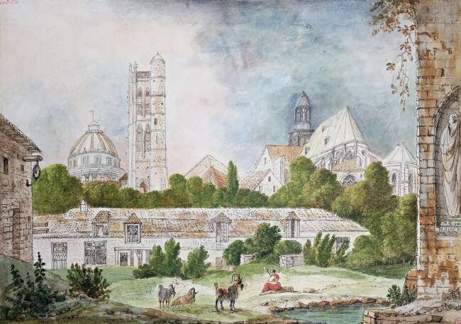 La nouvelle église de Sainte-Geneviève et Saint-Etienne-du-Mont vue depuis les ruines de l'abbaye de Sainte-Geneviève à Paris Mme. Duchateau