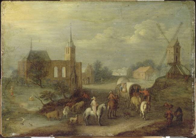 La rencontre près du moulin (peint au revers d'un cuivre gravé par J. Meyssens) Jan Brueghel l'Ancien