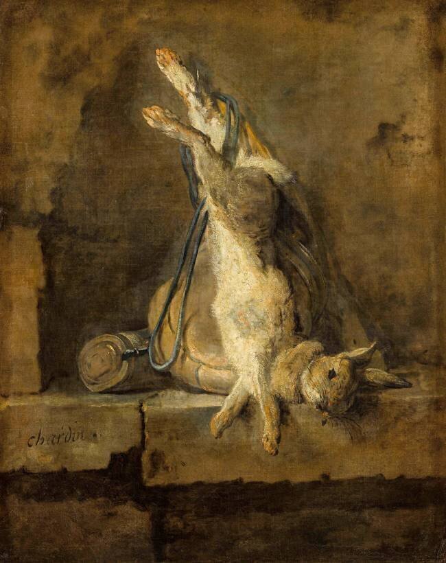 Lapin mort et attirail de chasse ou Lapin de Garenne mort avec une gibecière et une poire à poudre Jean Siméon Chardin
