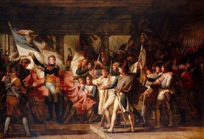 Le Maréchal Ney remet aux soldats du 76e régiment de ligne, leurs drapeaux retrouvés Charles Meynier