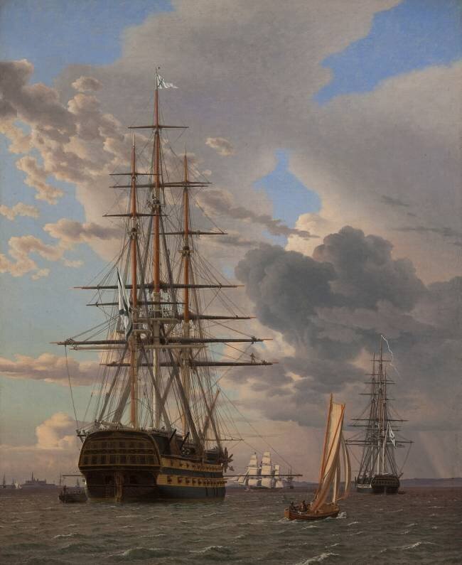 Le navire russe de la ligne "Asow" et une frégate à l'ancre sur les routes d'Elseneur Christoffer Wilhelm Eckersberg