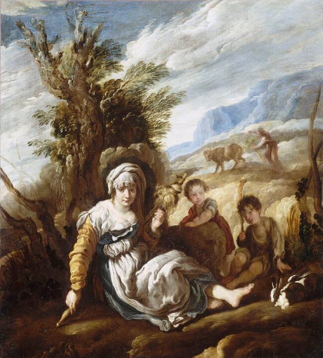 Le Premier âge : Eve filant et Adam labourant ; dit aussi : La Vie champêtre ou La Fileuse Domenico Fetti