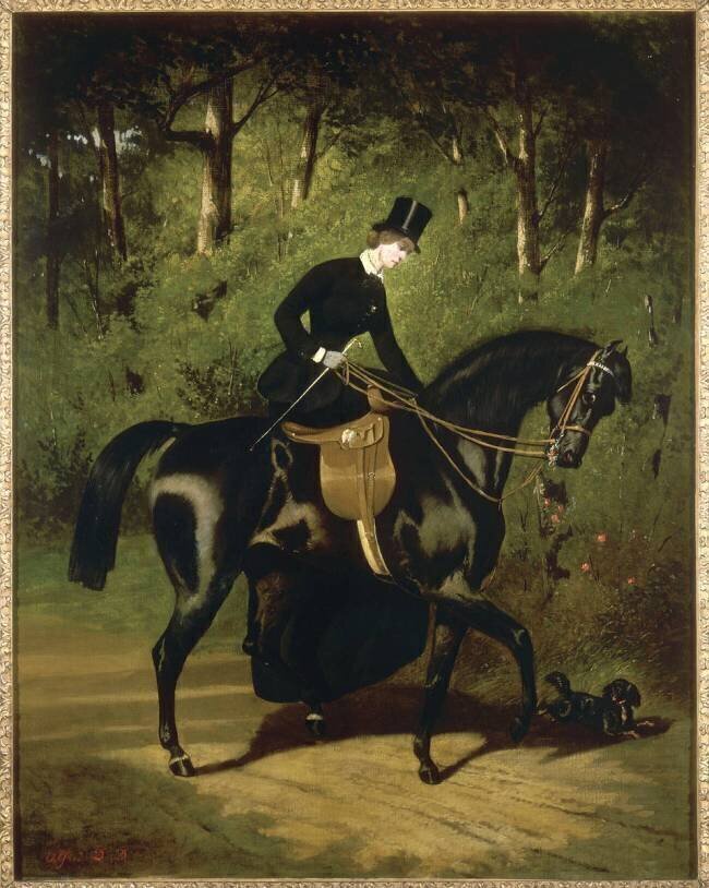 L'écuyère Kippler sur sa jument noire Alfred Dedreux