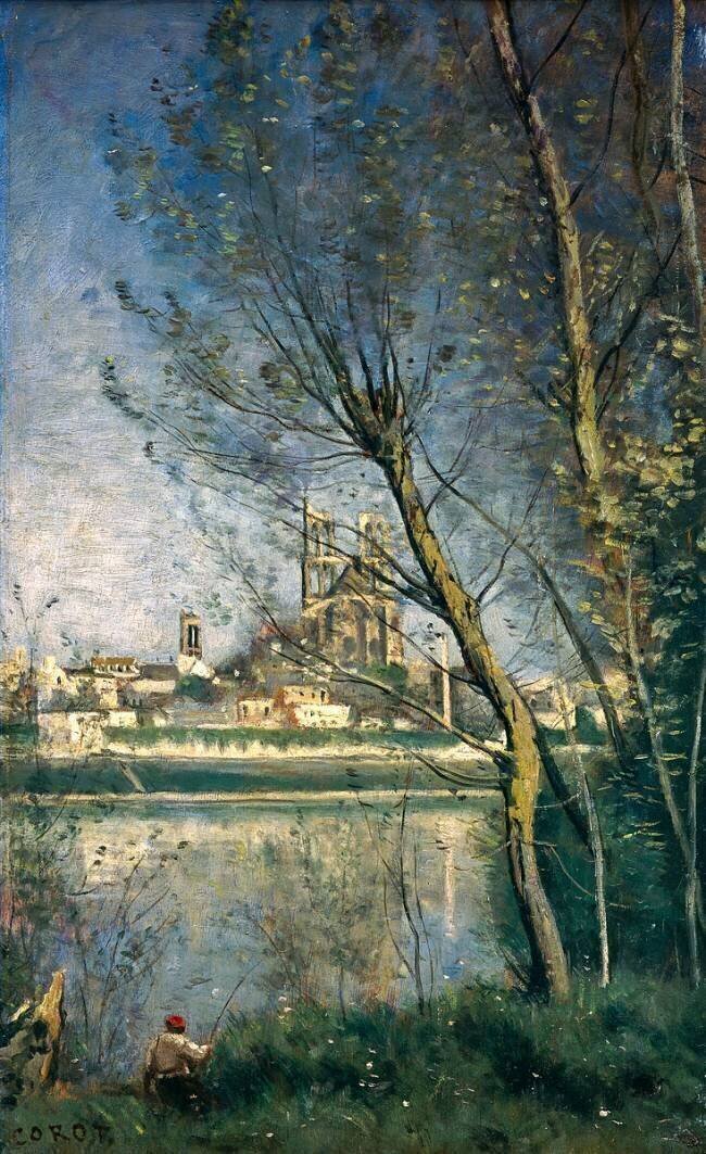 Mantes, la cathédrale et la ville vues derrière les arbres Jean-Baptiste Camille Corot
