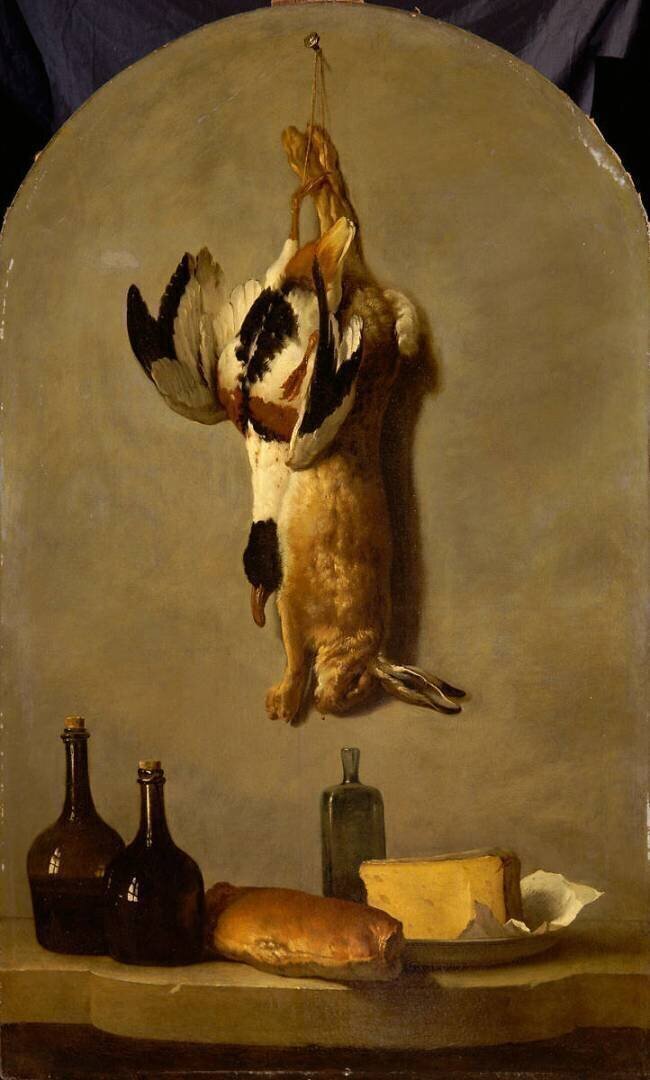 Nature morte : lièvre, canard, pain, fromage et flacons de vin Jean-Baptiste Oudry