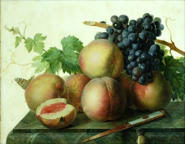 Nature morte aux pêches et raisins sur marbre Jan Frans van Dael