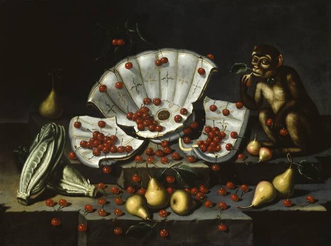 Nature morte avec bol brisé, cerises, poires et singe anonyme