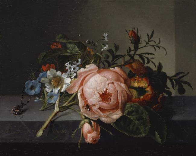 Nature morte avec branche de rose, scarabée et abeille Rachel Ruysch