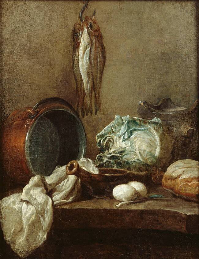 Nature morte avec chaudron fourneau de terre, poêlon, nappe, chou, pain, deux oeufs, poireau, et trois harengs suspendus à la muraille Jean Siméon Chardin