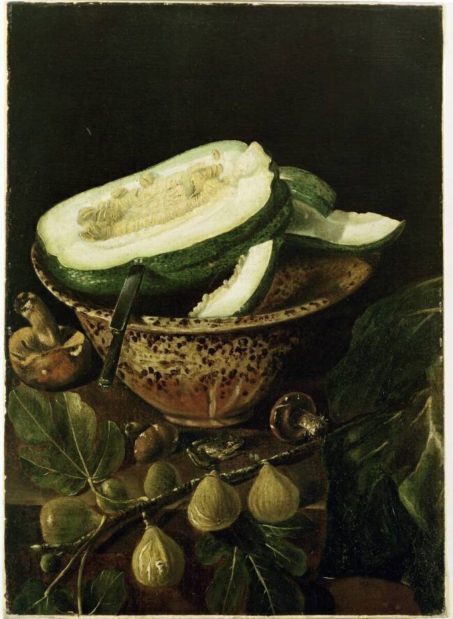 Nature morte avec melons dans une coupe, figues et champignon Juan Fernandez