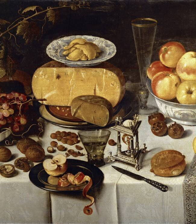 Nature morte avec pommes, fromages, fruits et vaisselles Roelof Koets