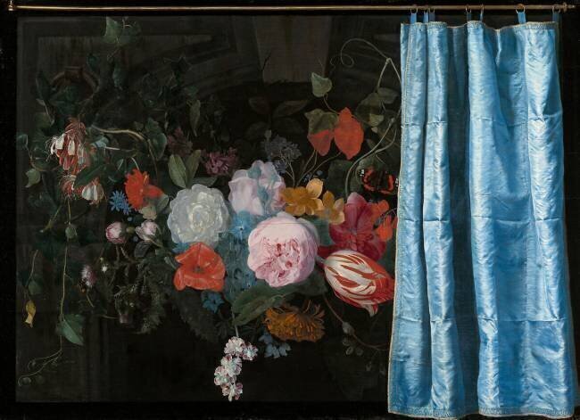 Nature morte avec une guirlande de fleurs et un rideau Adriaen van der Spelt