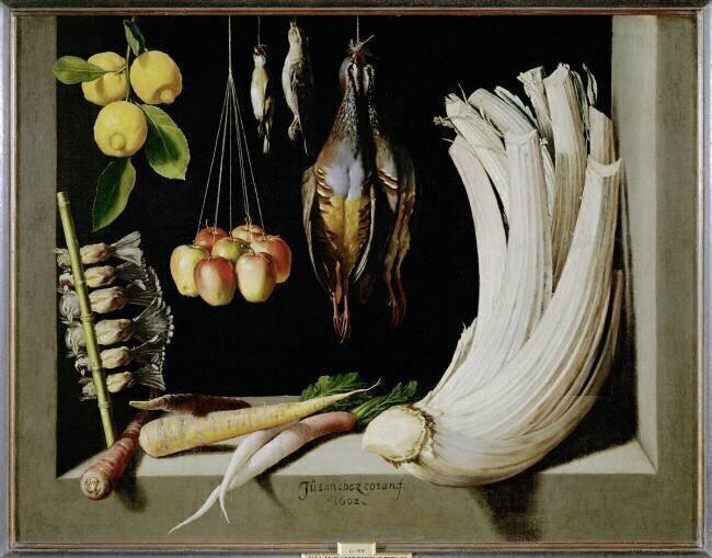 Nature morte de chasse aux perdrix avec légumes et citrons Juan Sanchez Cotan