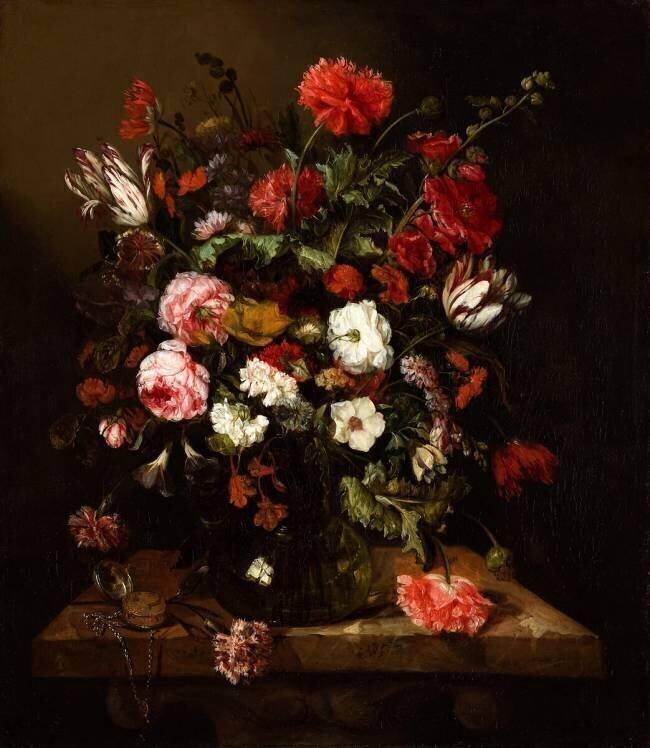 Nature morte de fleurs avec une pièce d'horlogerie Abraham van Beyeren