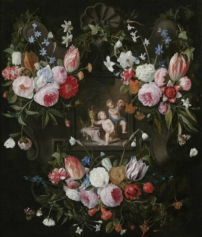 Nature morte en cartouche de fleurs autour d'une image allégorique de Putti avec des objets coûteux et un masque Jan van Kessel