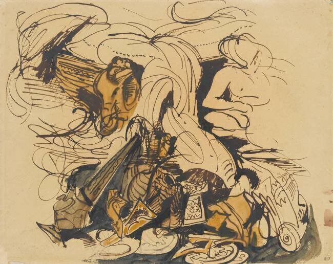 Objets divers, coin de lit à tête d'éléphant et femme nue Eugène Delacroix