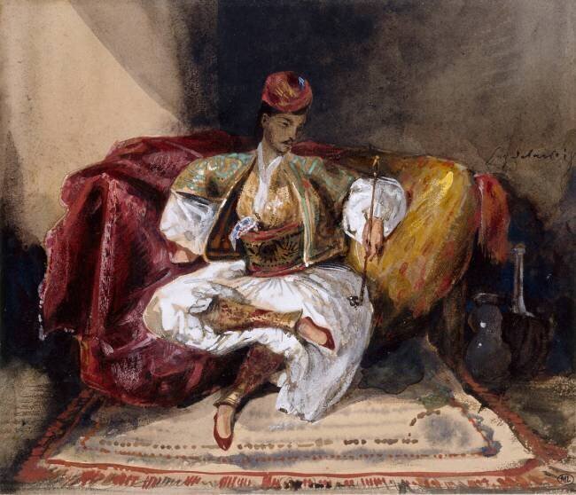 Oriental assis sur un divan tenant un narghilé Eugène Delacroix