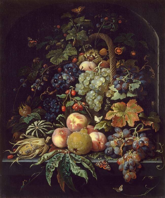 Panier de fleurs, fruits et insectes dans une niche Abraham Mignon