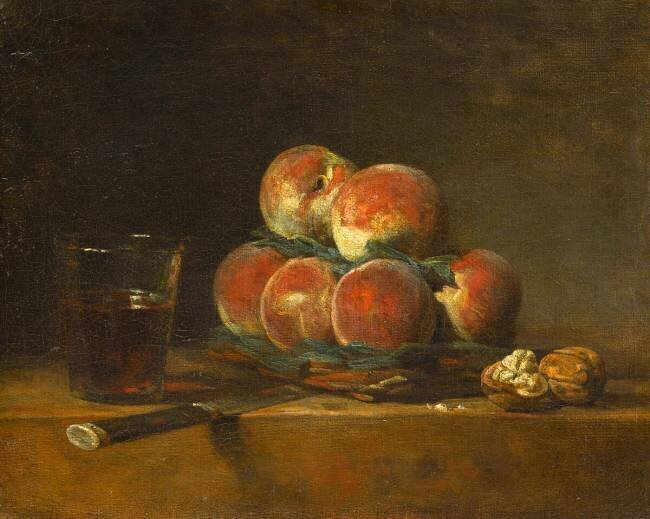 Panier de pêches, avec noix, couteau et verre de vin Jean Siméon Chardin