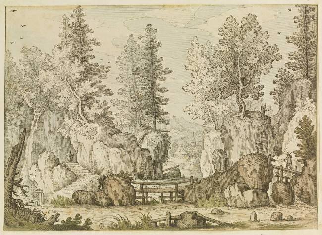 Paysage : rochers et arbres, rivière avec passerelles et deux figures Hans Friedrich Schorer le Vieux