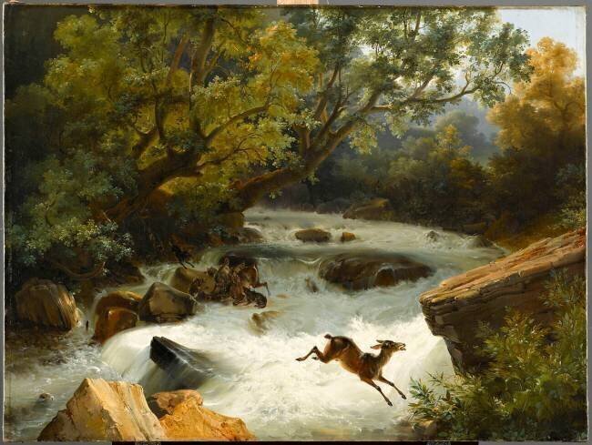 Paysage au torrent avec daims attaqués par des loups Lancelot-Théodore Turpin de Crissé