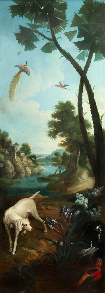 Paysage avec chien et faisans, oiseaux de paradis, iris Christophe Huet
