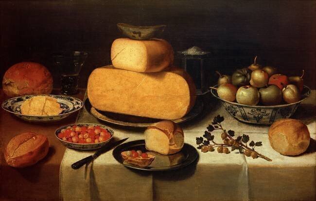 Petit déjeuner nature morte avec du fromage, du pain et des fruits Floris van Schooten