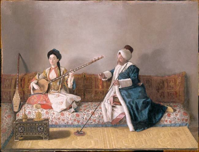 Portrait de M. Levett et Mlle Glavani assis sur un divan Jean-Etienne Liotard