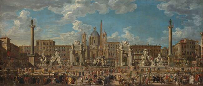 Préparation du feu d'artifice et de la décoration de la fête donnée sur la place Navone à Rome Giovanni Paolo Pannini