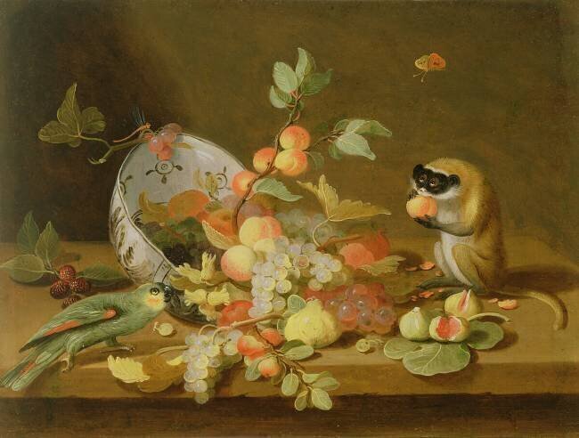 Raisins et pêches s'échappant d'un bol renversé de Delft Jan van Kessel