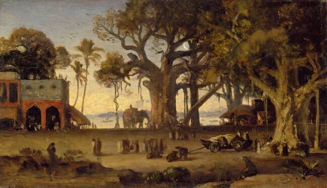 Scène au clair de lune avec des personnages indiens et des éléphants parmi des banians Johan Zoffany