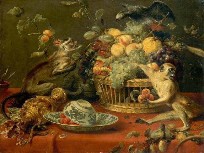 Singes et perroquet auprès d'une corbeille de fruits Frans Snyders