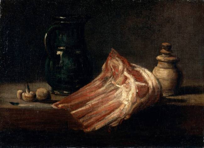 Table de cuisine et ustensiles avec carré de mouton Jean Siméon Chardin