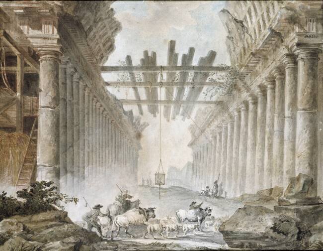 Troupeau dans les ruines d'un temple du dessin Hubert Robert