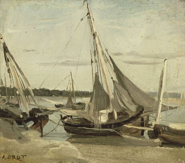Trouville, bateaux de pêche échoués dans le chenal (Barques à voiles échouées à Trouville) Jean-Baptiste Camille Corot