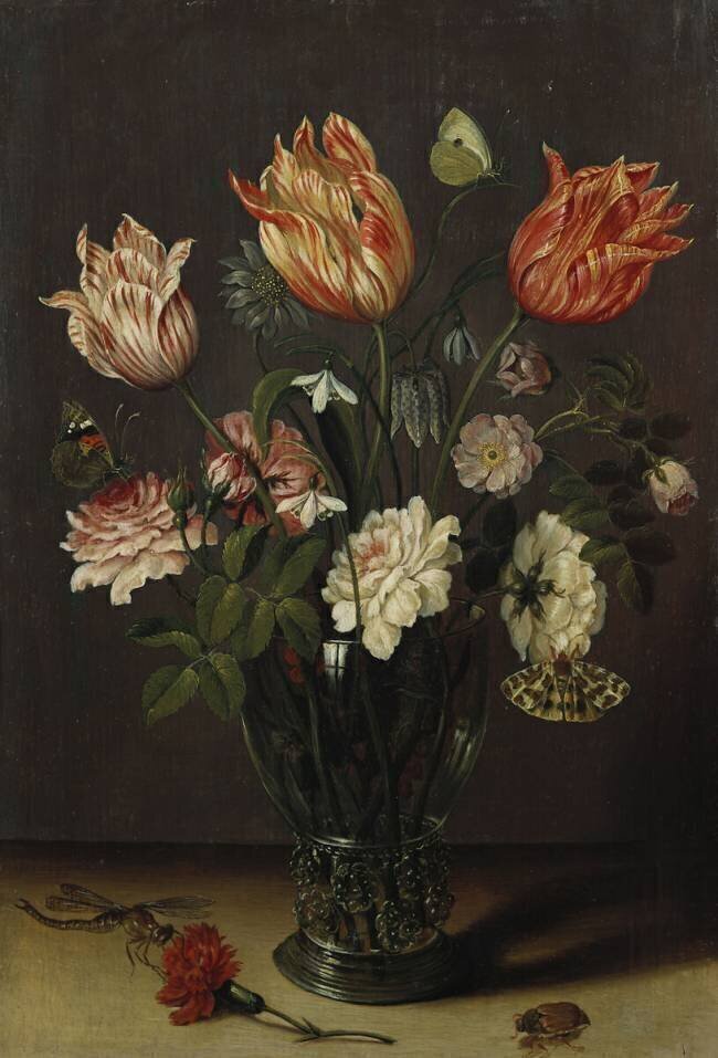 Tulipes et autres fleurs dans un verre sur une table Jan Brueghel le Jeune