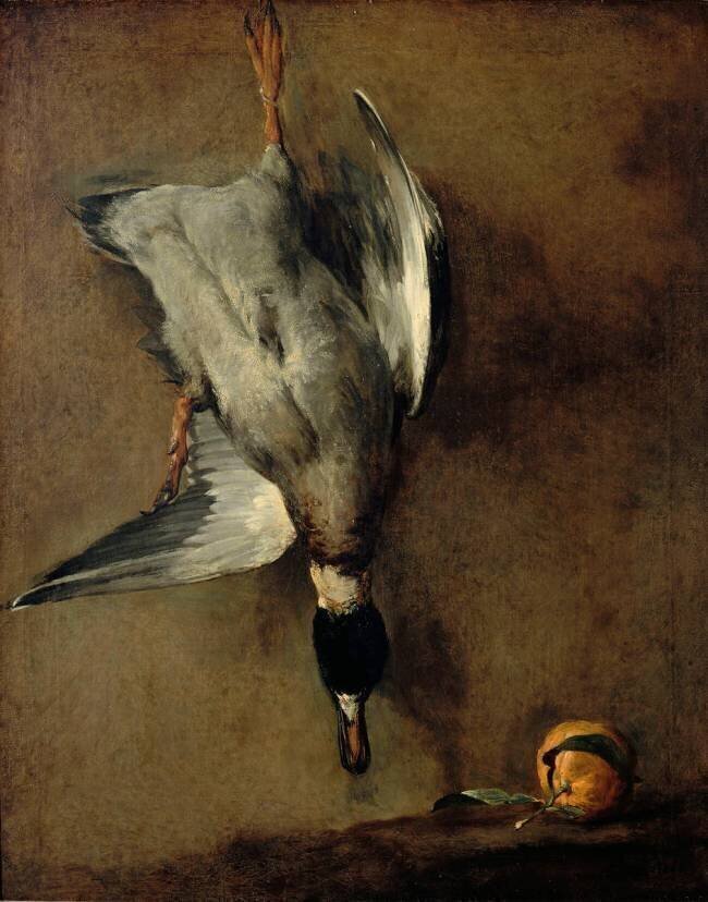 Un Canard col-vert attaché à la muraille et une bigarade Jean Siméon Chardin