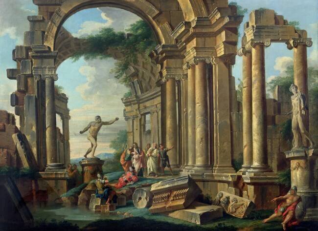 Un capriccio architectural avec les statues du guerrier Agasias et le Belvédère d'Apollon Giovanni Paolo Pannini