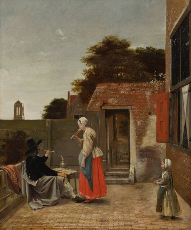 Un homme fumant et une femme buvant dans une cour Pieter de Hooch
