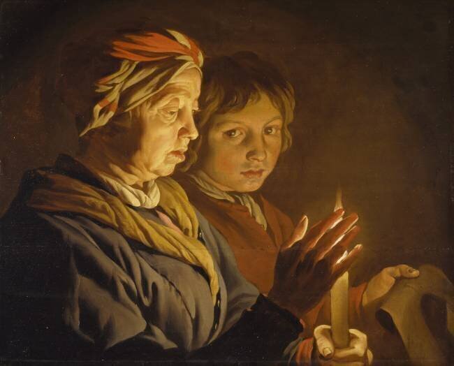 Une vieille femme et un garçon à la lumière d'une bougie Matthias Stomer
