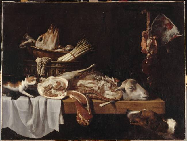 Viande de boucherie avec chien et chat Pieter van Boucle