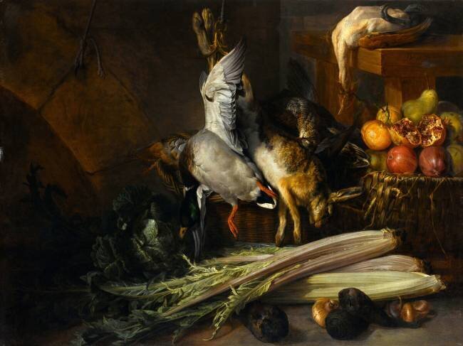 Volaille, gibier, légumes et fruits dans une cuisine Alexandre-François Desportes