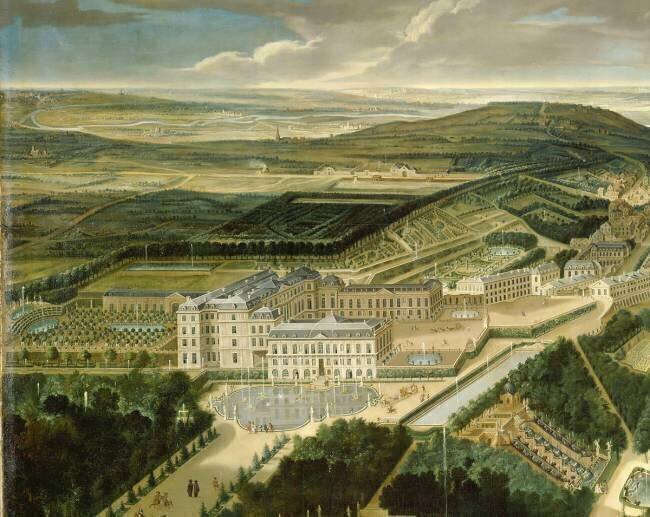 Vue cavalière du château, jardins bas et de la ville de Saint-Cloud (détail) Etienne Allegrain