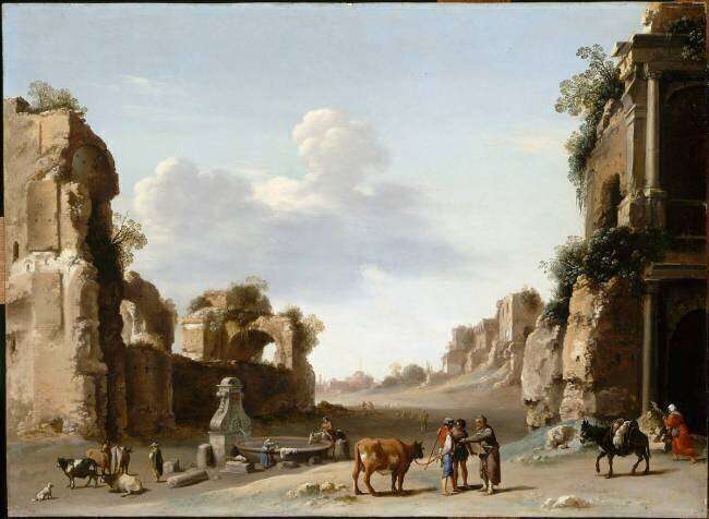 Vue de fantaisie du Campo Vaccino à Rome, avec un âne Cornelis van Poelenburgh