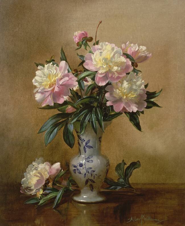 Pivoines dans un vase bleu et blanc Albert Williams